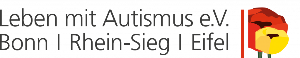 Logo des Vereins Leben mit Autismus e.V. Als Text steht links Leben mit Autismus e.V. Bonn Rhein-Sieg Eifel in schwarz. Rechts daneben ist ein roter Strich. Daneben sind zwei Mohnblumen, eine größere in rot und eine kleinere in gelb abgebildet.